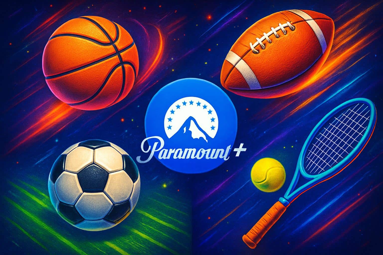 Vibrant collage of football, soccer ball, and basketball under lights, Paramount Plus sports