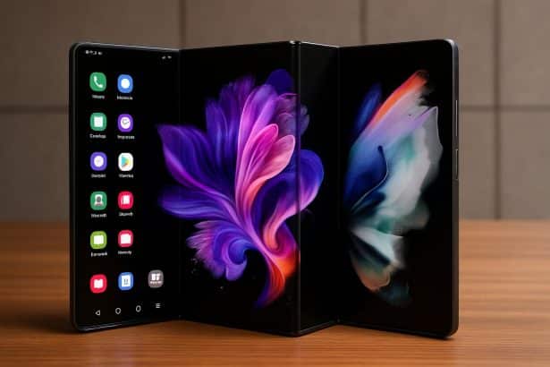 Samsung tri-fold foldable phone unfolded to three screens in tablet-style layout