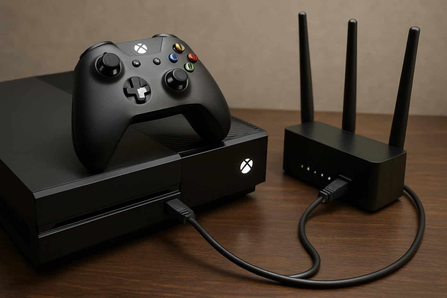 Angled Xbox One with Wi-Fi router and arrows guiding how to change NAT type to Open