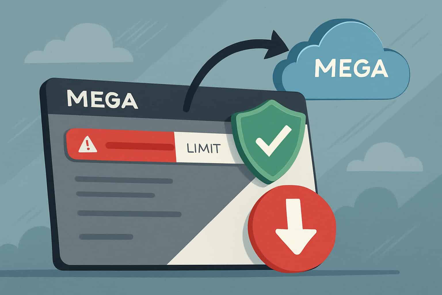 Top-down angle: arrow slips under MEGA bandwidth barrier to cloud, bypassing download limit