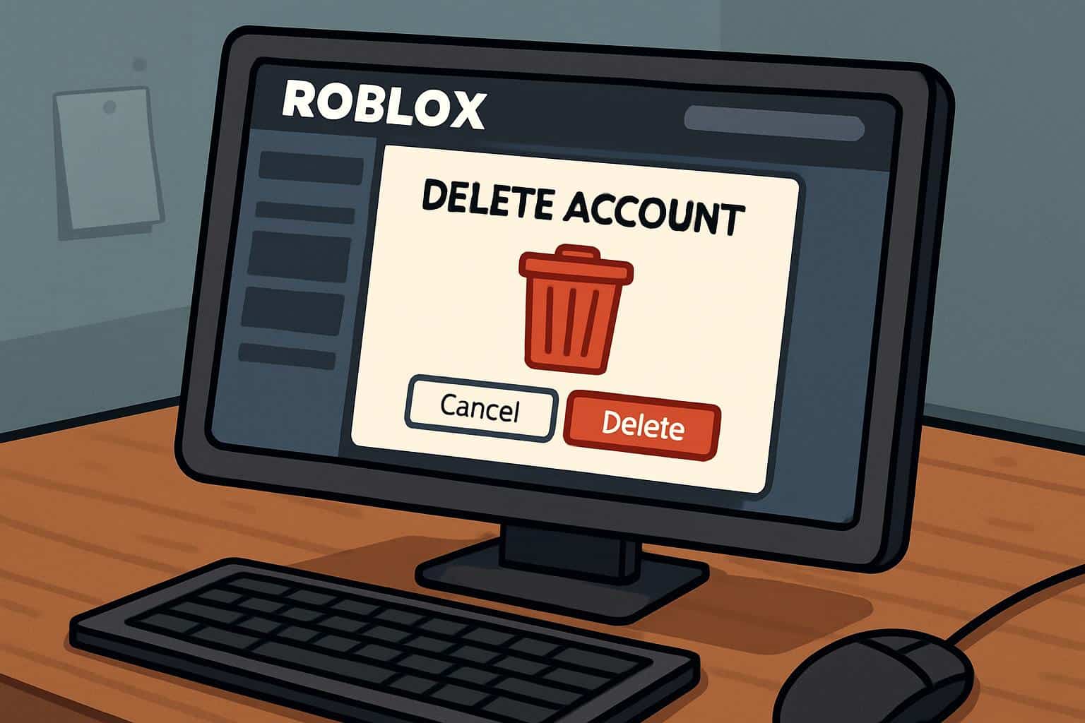 Roblox app logo with gear and trash can icons, concept art for how to delete Roblox account