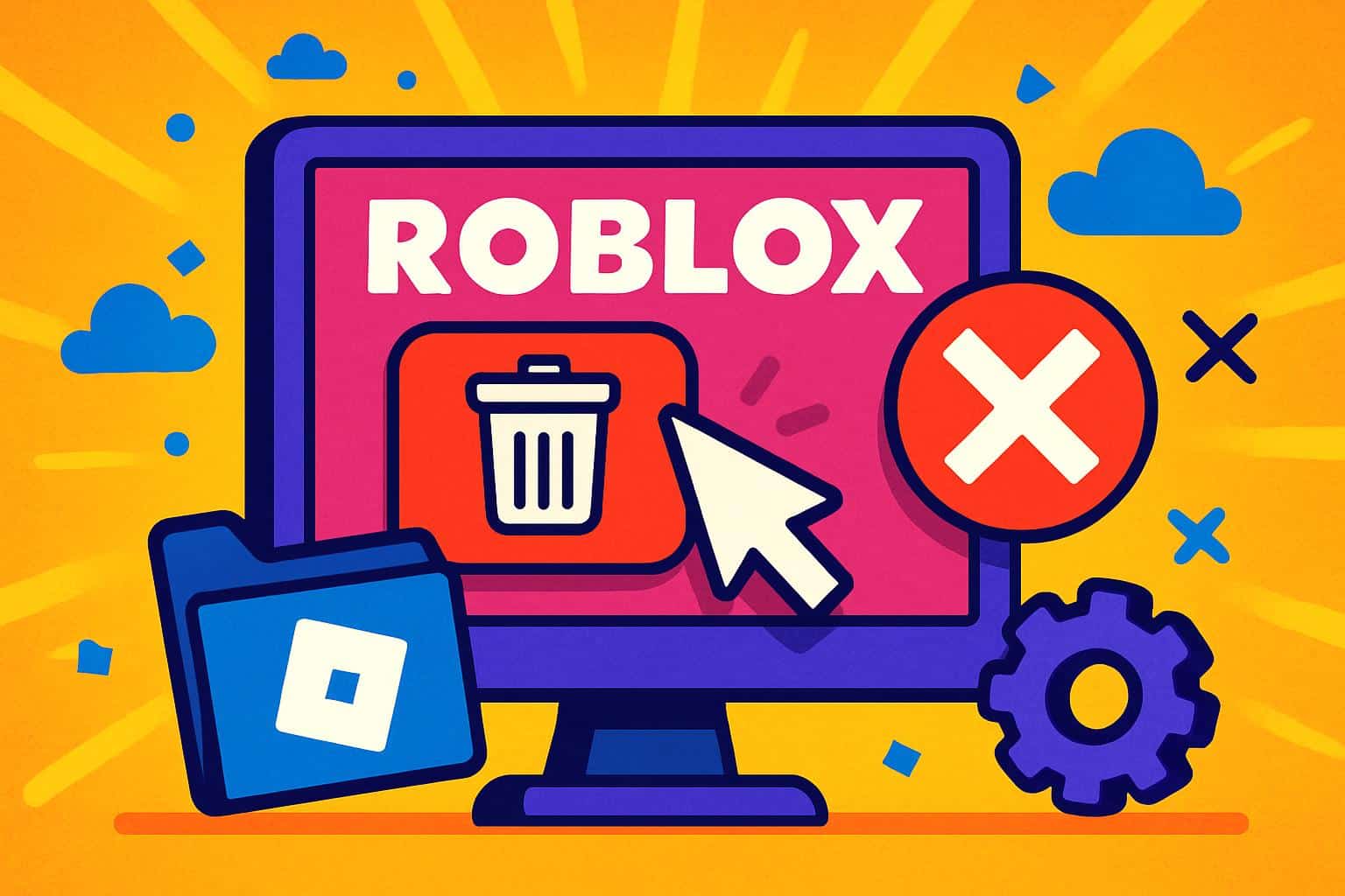 How to delete Roblox account concept with app icon, trash bin, and settings gear