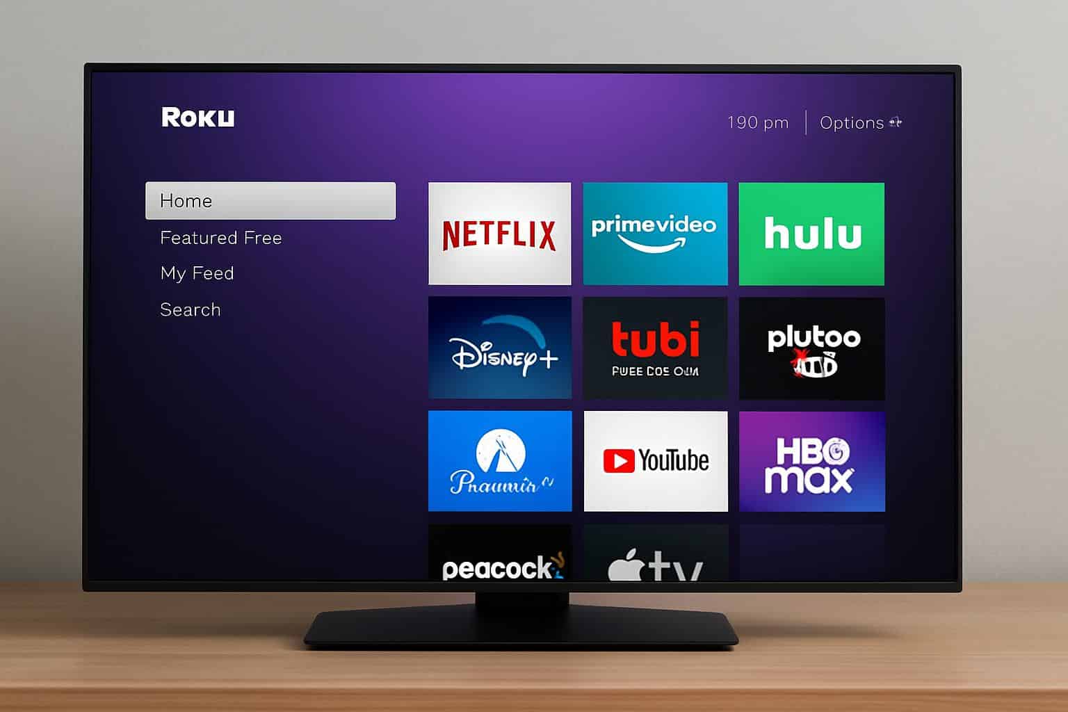 Roku channel list on TV home screen with streaming app tiles grid