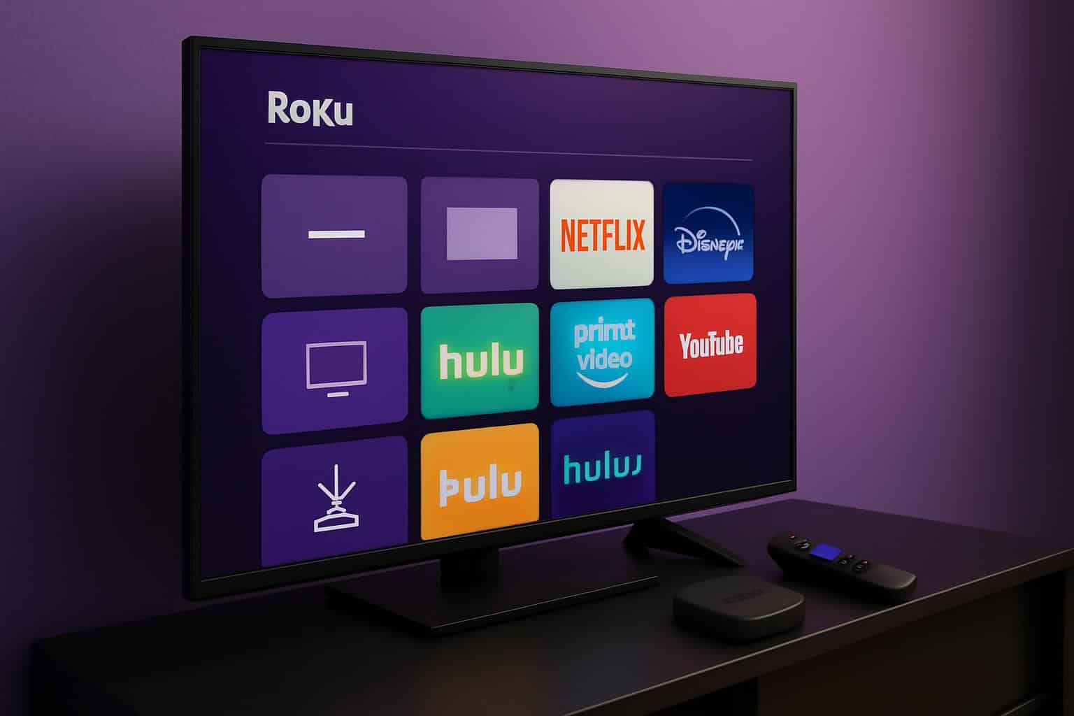Roku channel list at an angle: TV home screen grid of channel tiles with Roku remote