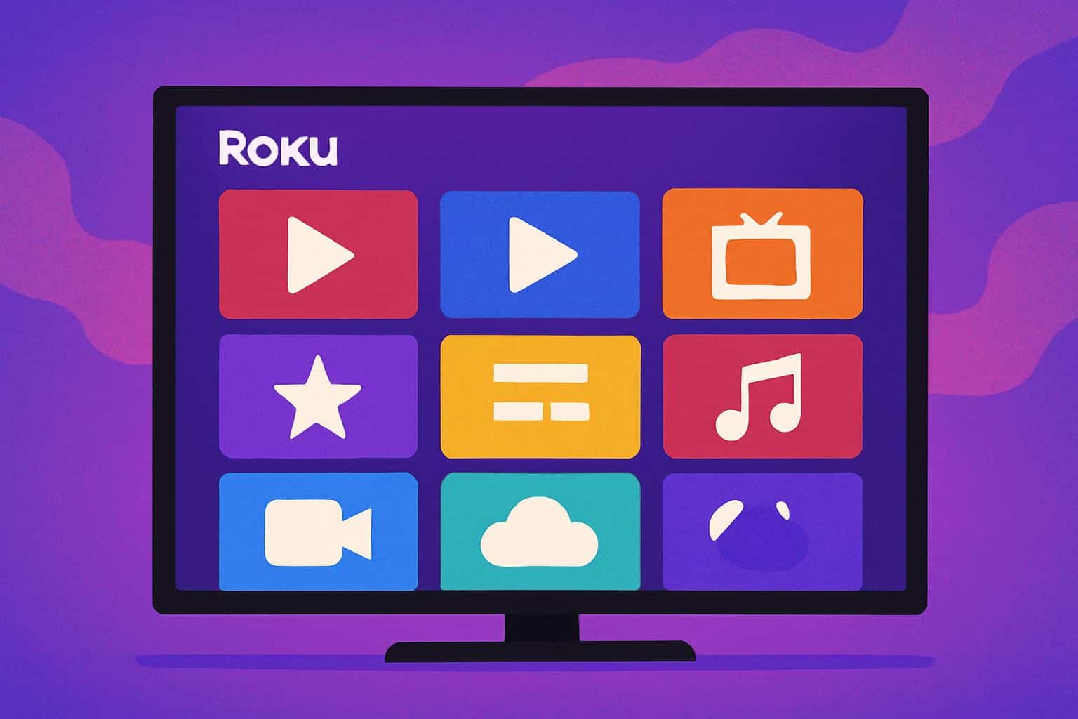 Roku channel list on TV home screen, grid of streaming app icons and Roku remote