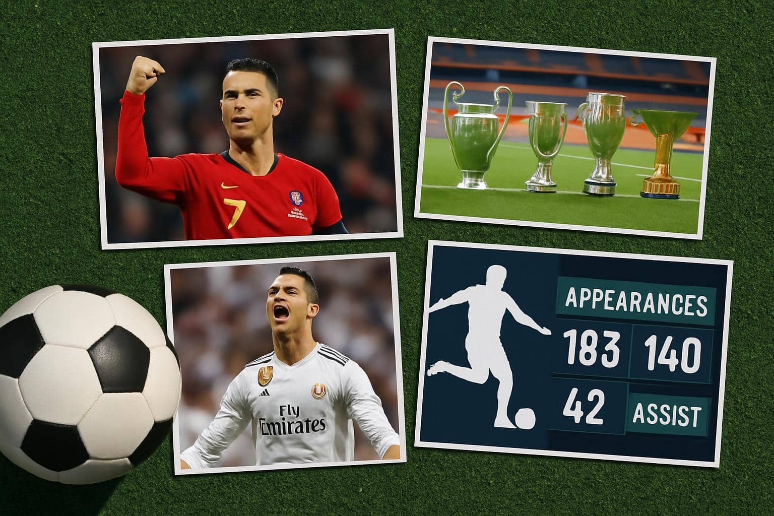 Cristiano Ronaldo facts with Portugal flag, soccer ball, golden trophies on stadium pitch