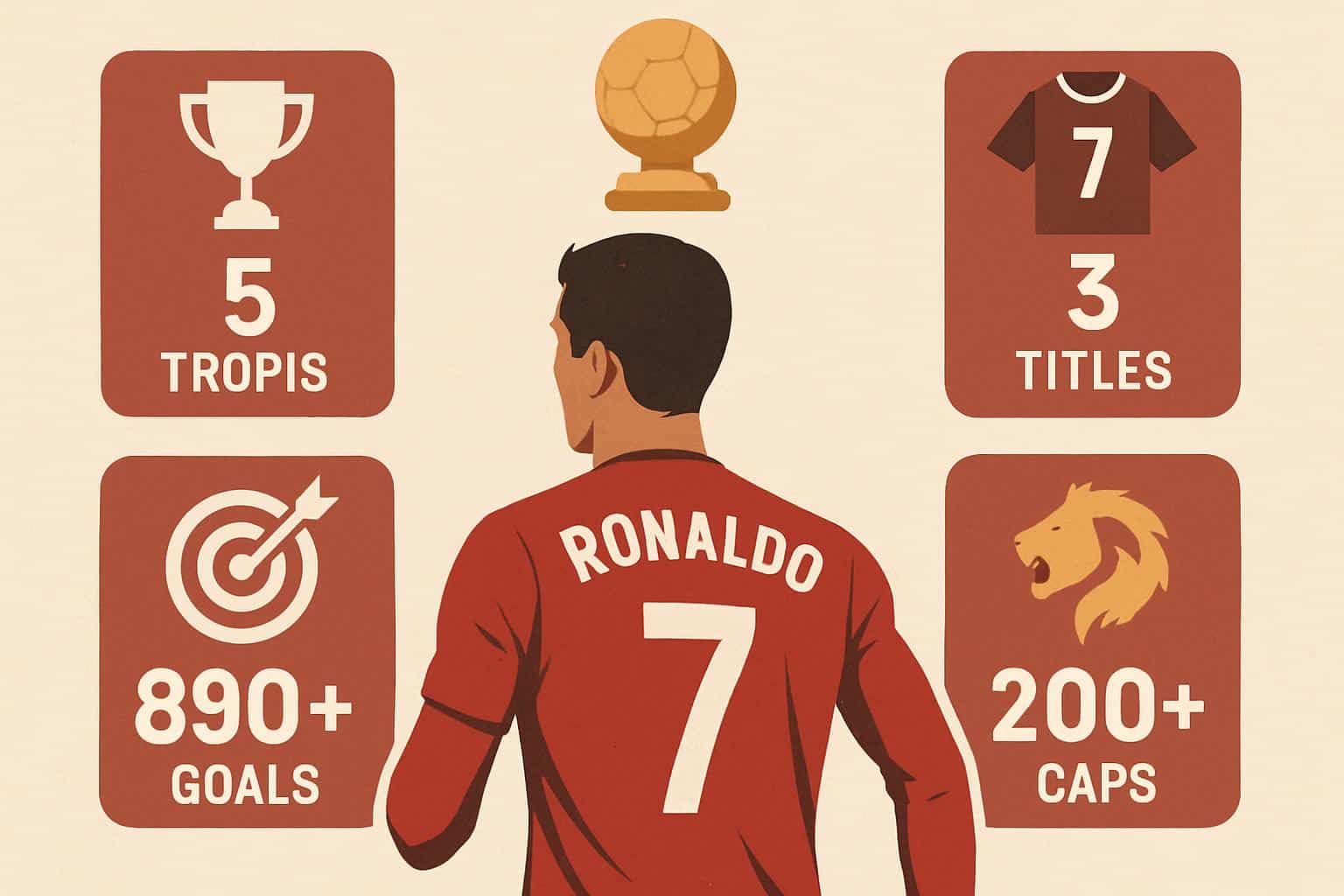 Cristiano Ronaldo: number 7 jersey, trophies, soccer ball, Portugal flag in stadium