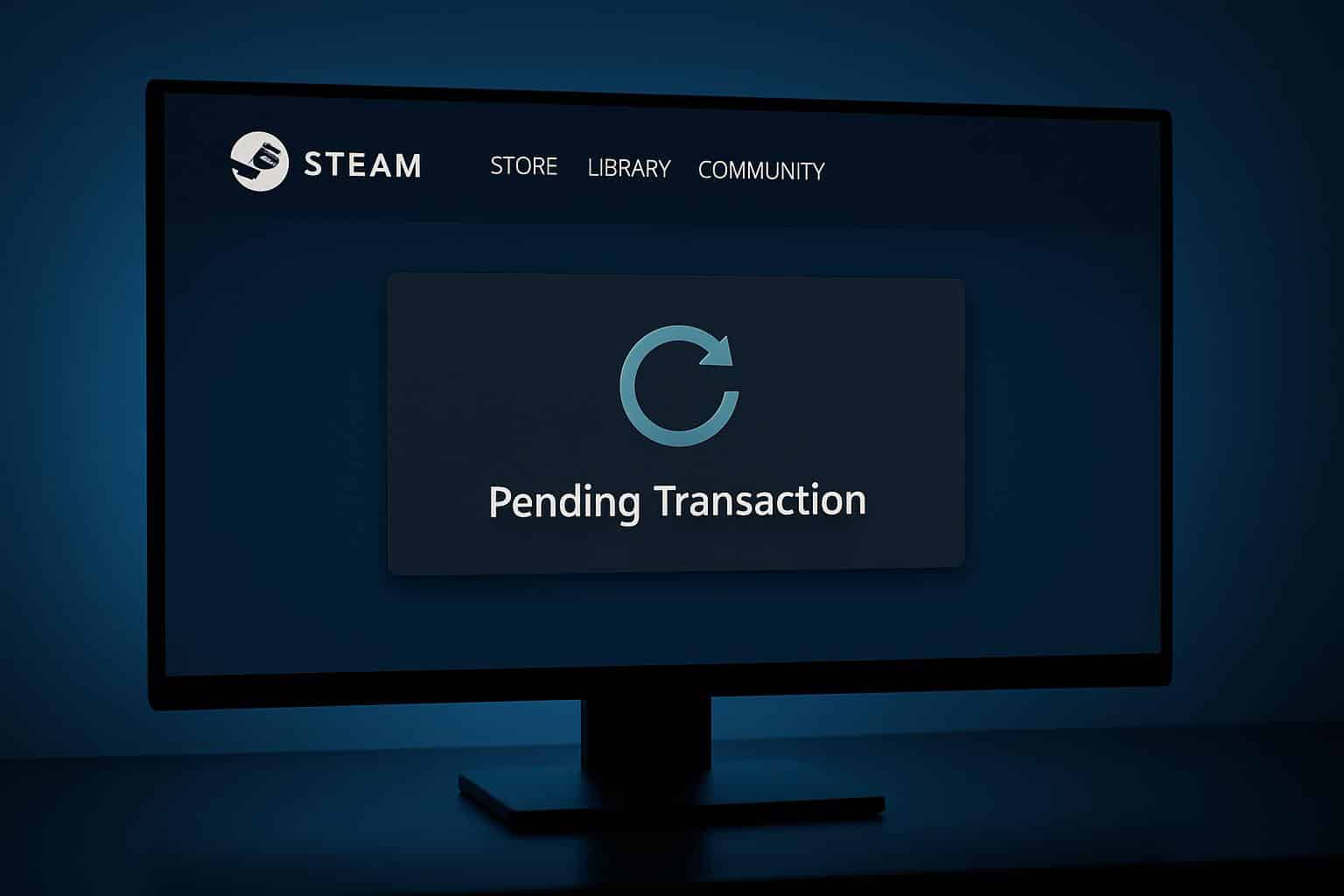 Steam pending transaction at checkout: cart and wallet balance with a loading spinner