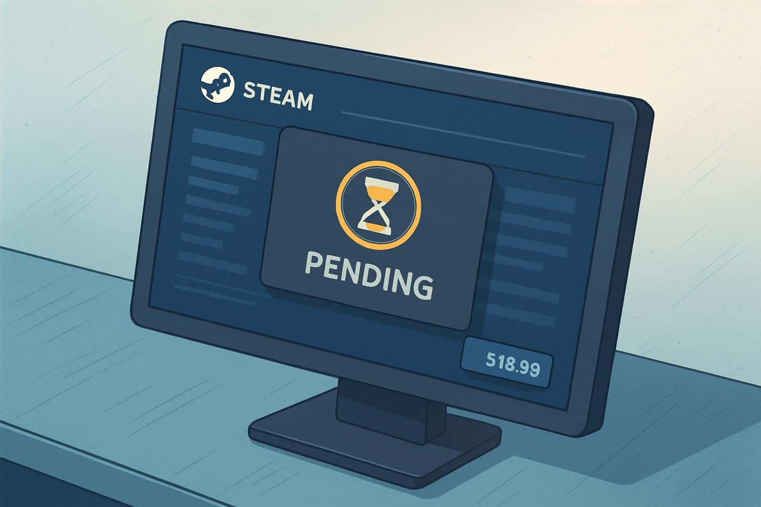 Steam pending transaction illustration with loading spinner, shopping cart, and credit card