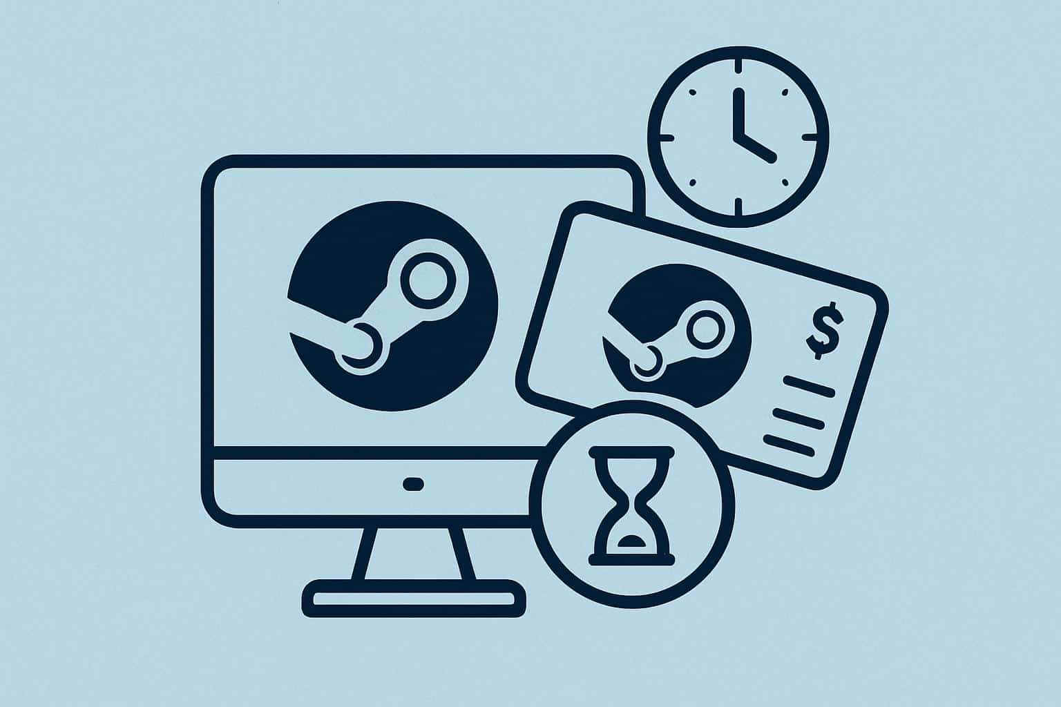 Flowchart showing Steam pending transaction process with wallet, card, and clock icons