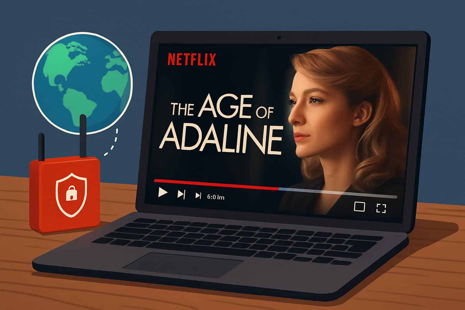 Age of Adaline on Netflix: tablet on world map with vintage watch and pins for worldwide access
