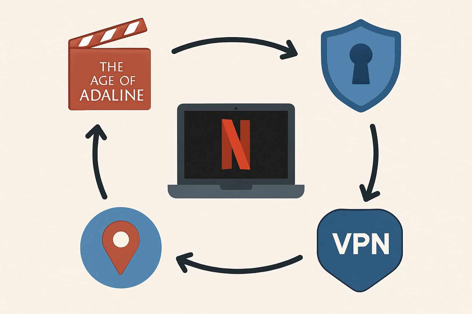 VPN process to watch The Age of Adaline on Netflix, globe, server, device icons