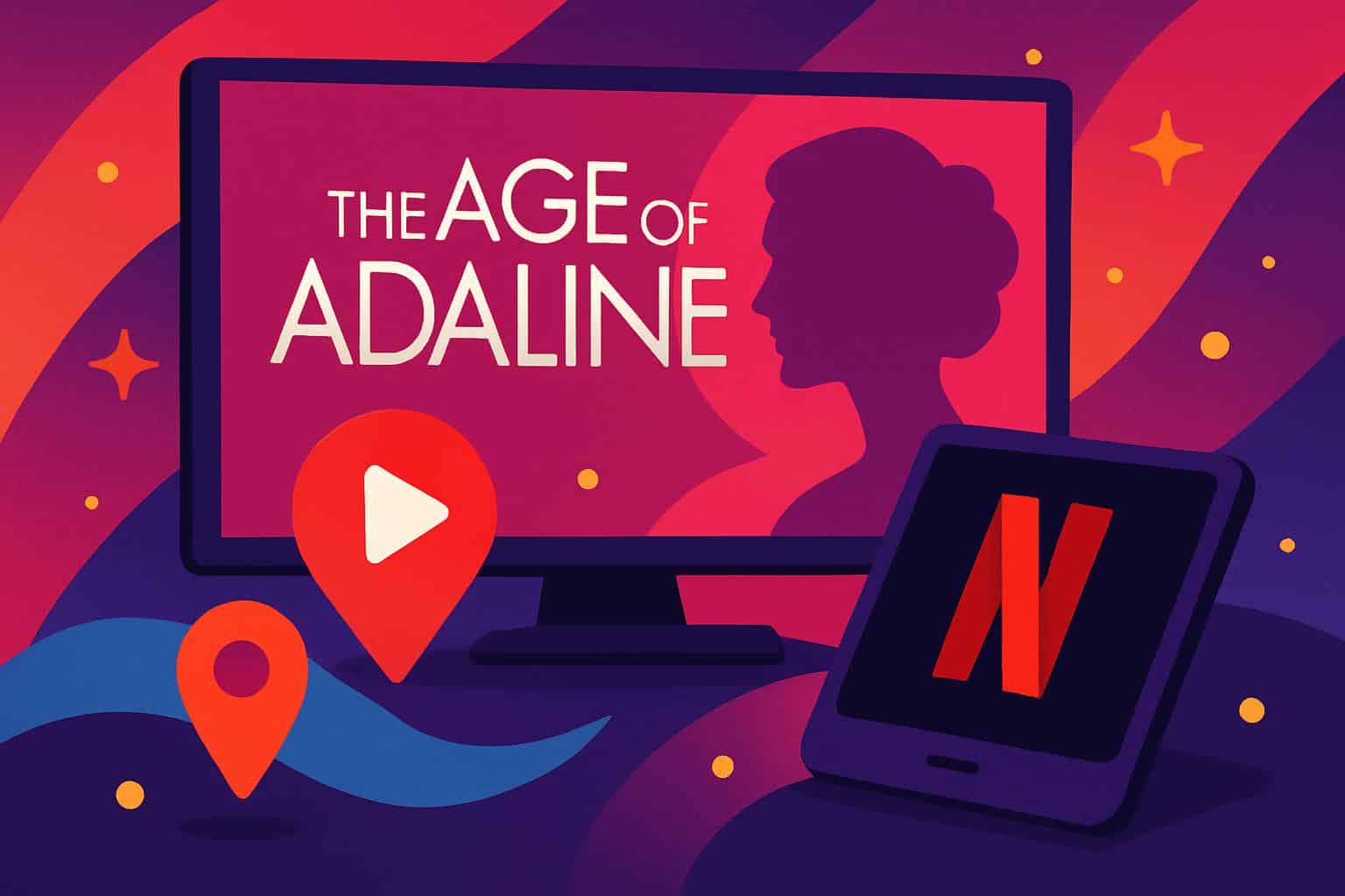 World map, VPN shield, and devices streaming The Age of Adaline on Netflix