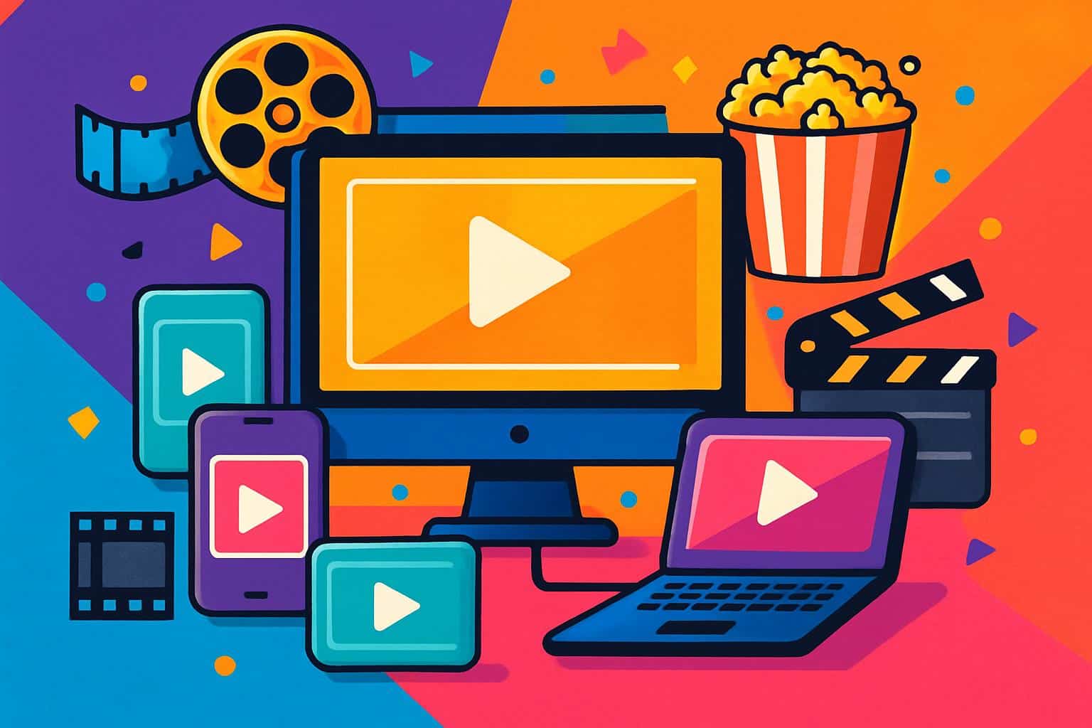 Colorful film reels, clapperboard, and multiple screens representing LosMovies