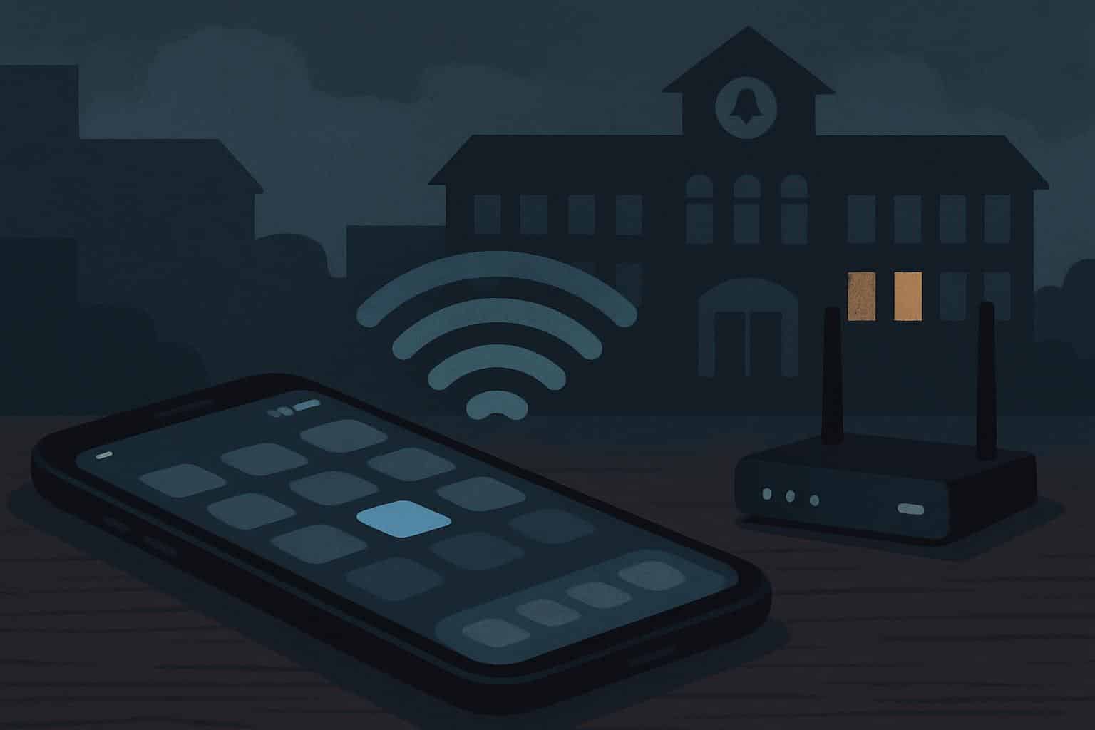 Phone on home desk by Wi-Fi router, school shield icon implying home phone activity monitoring