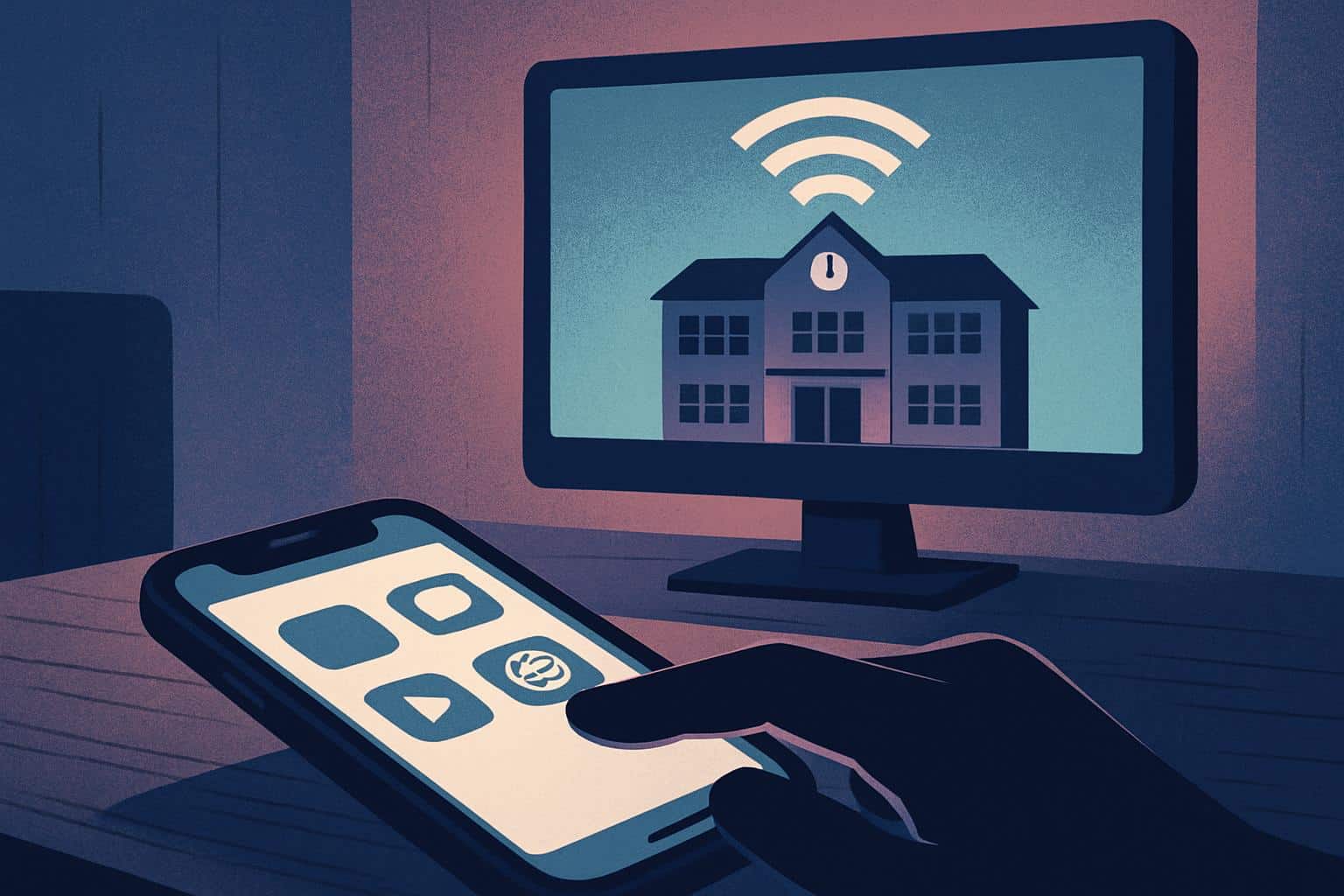 Phone at home desk, data trail to school building, eye and lock icons imply school monitoring.