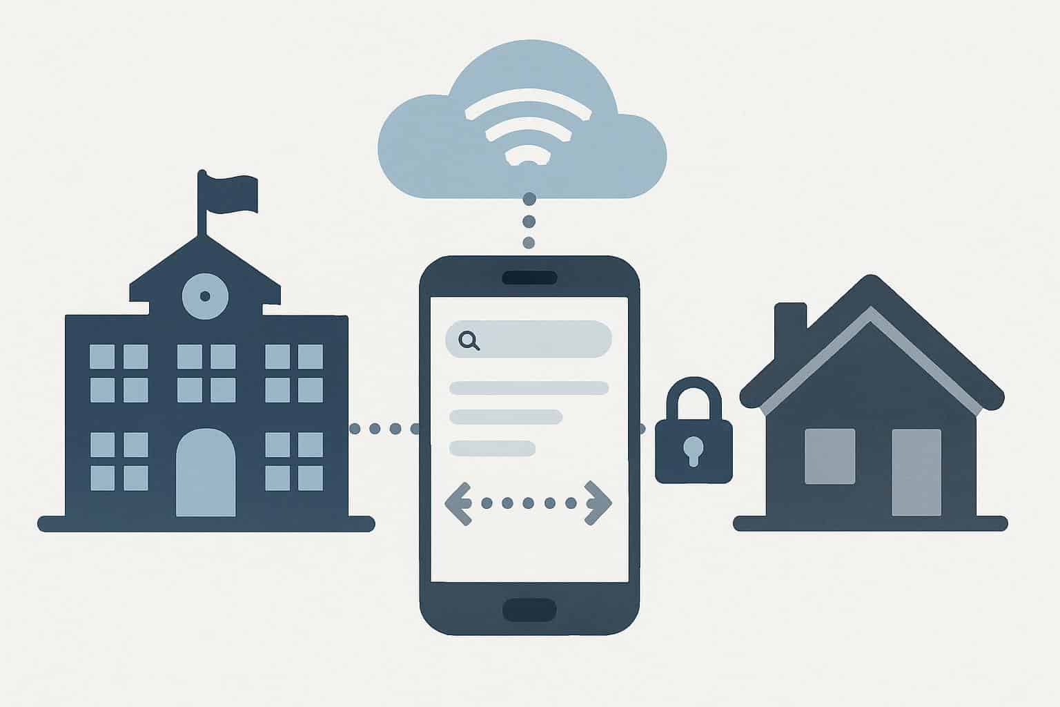 Phone on home Wi‑Fi; data arrows to school server, privacy shield blocks monitoring