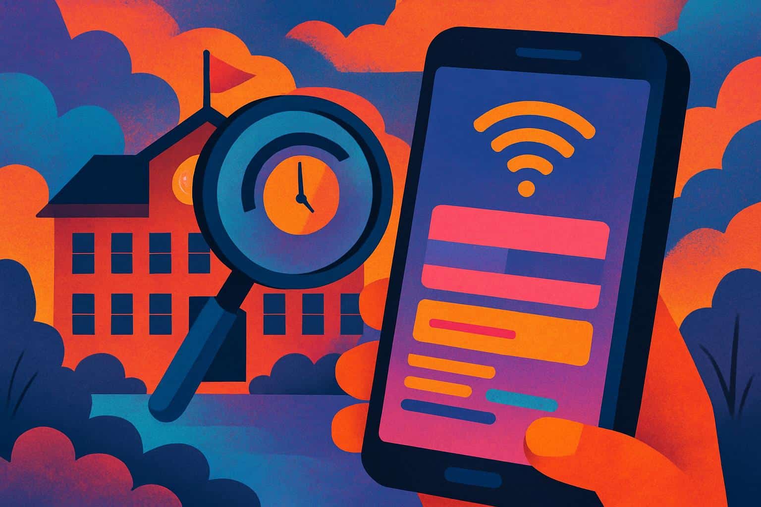 Smartphone on home Wi-Fi network with school surveillance icons, padlock, and eye symbol