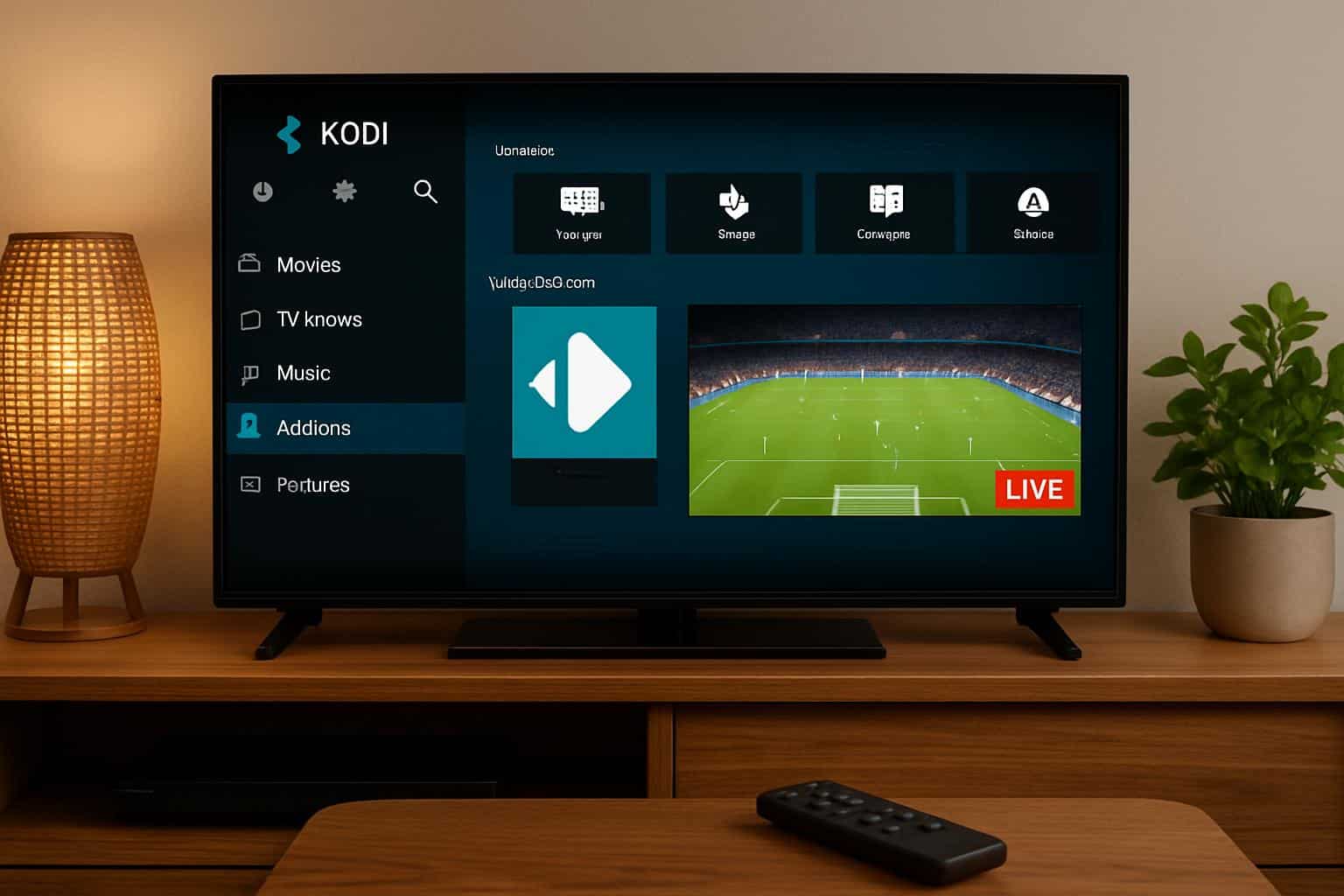 TV showing Kodi setup to watch live sports, sports icons, modern living room.