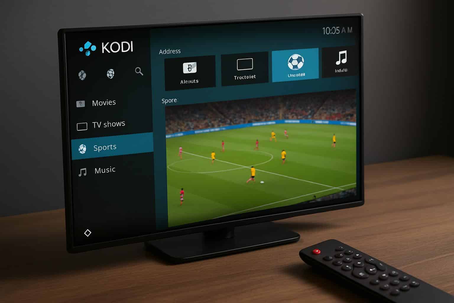 Kodi live sports streaming UI on TV, sports icons and stadium glow, isometric angle.