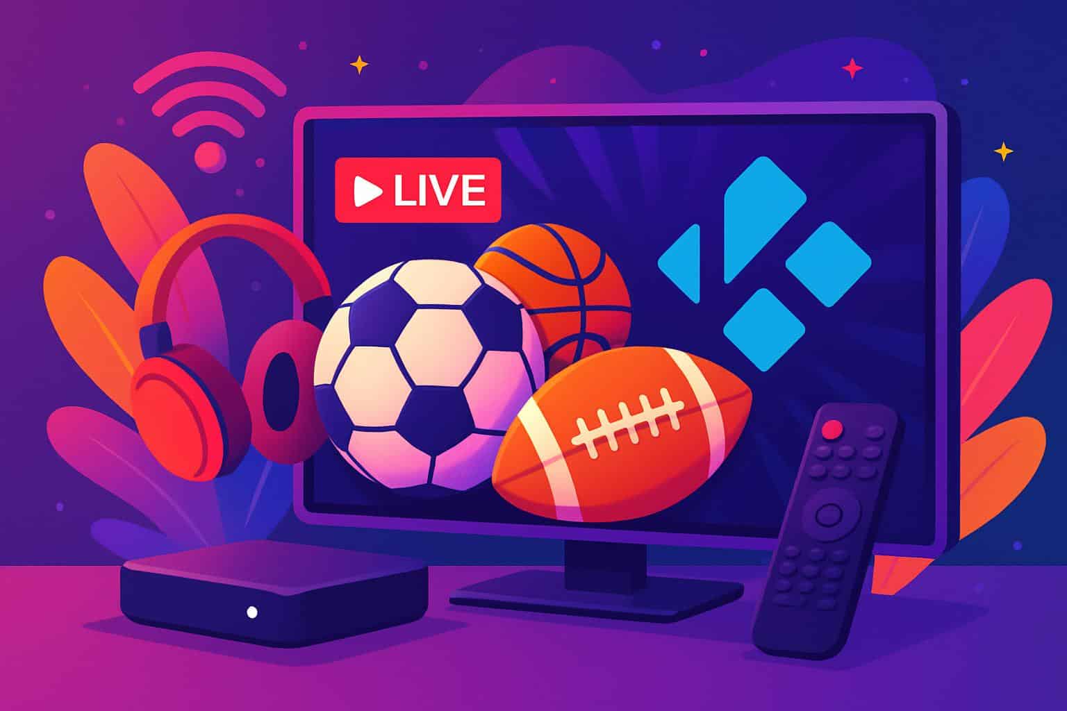 Kodi interface on TV with live sports icons, neon stadium lights, remote on table