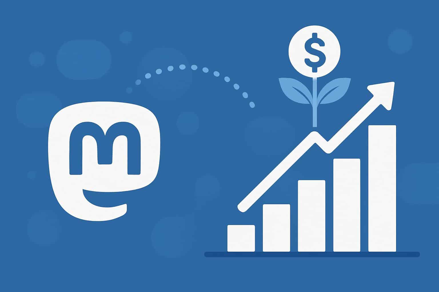 Mastodon logo with subscription icons and arrow for paid services and sustainable growth