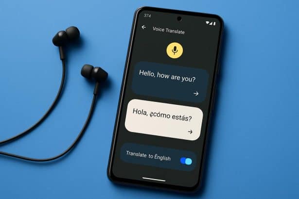 Google Pixel 10 showing Voice Translate on a call, real-time translation on screen