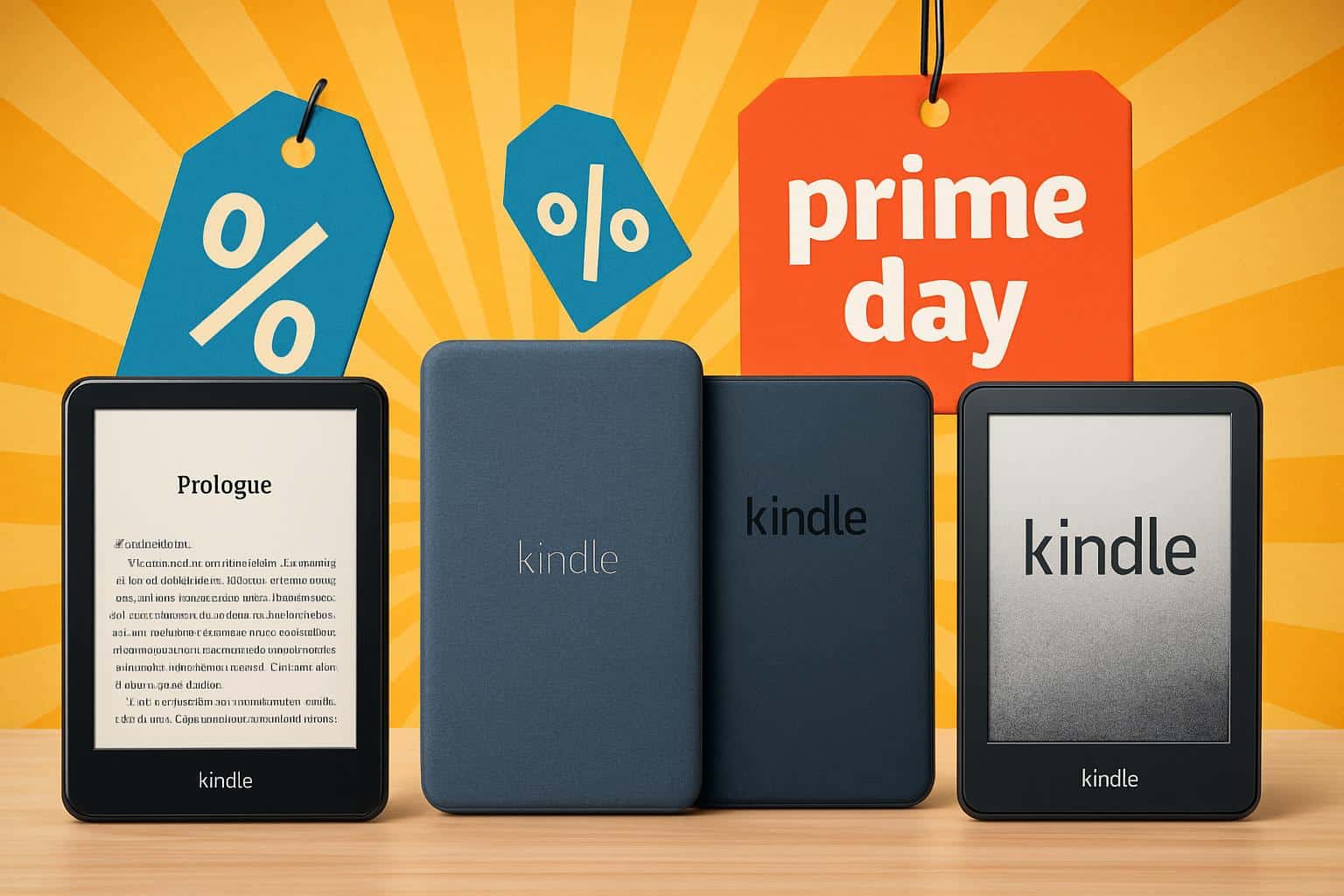Early Amazon Prime Day Kindle deals with e-readers, Prime logo, and discount tags