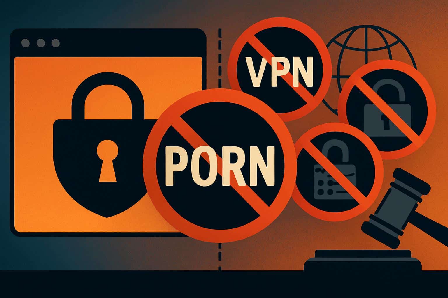 Michigan map with browser lock, VPN shield and encryption icon for porn-block bill
