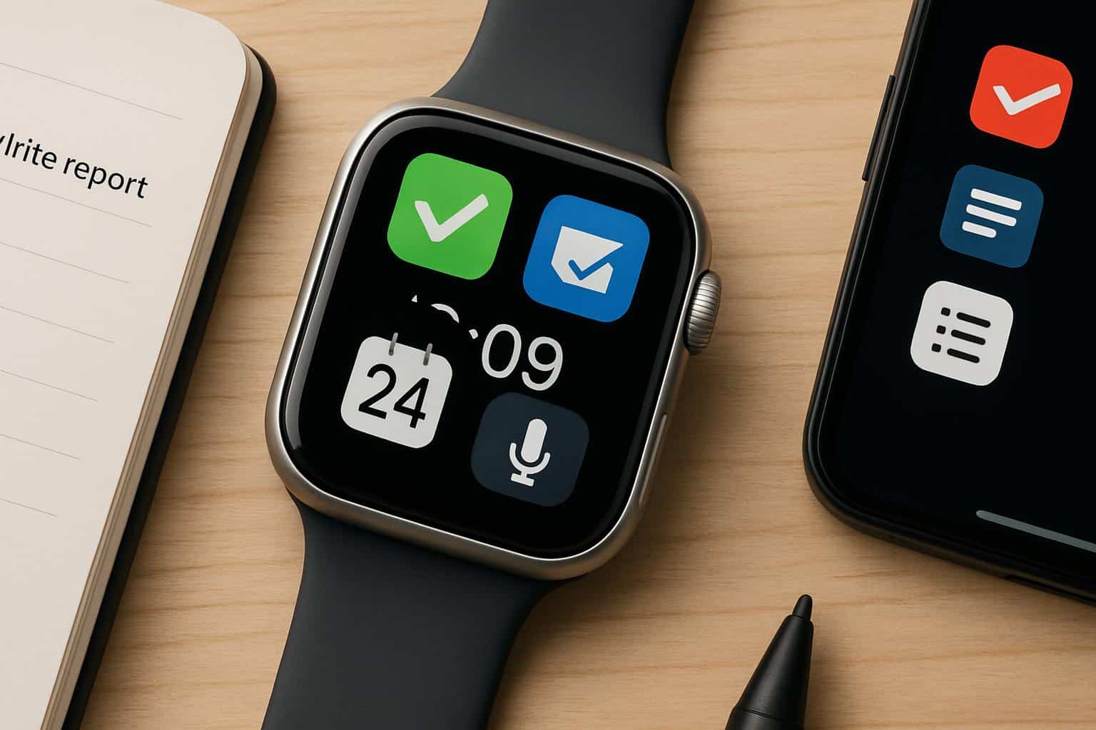 Apple Watch with essential productivity apps: calendar, tasks, time tracking