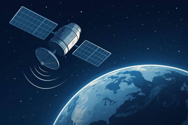 FCC logo with Starlink satellites over Earth, highlighting footprint amid NEPA review dispute