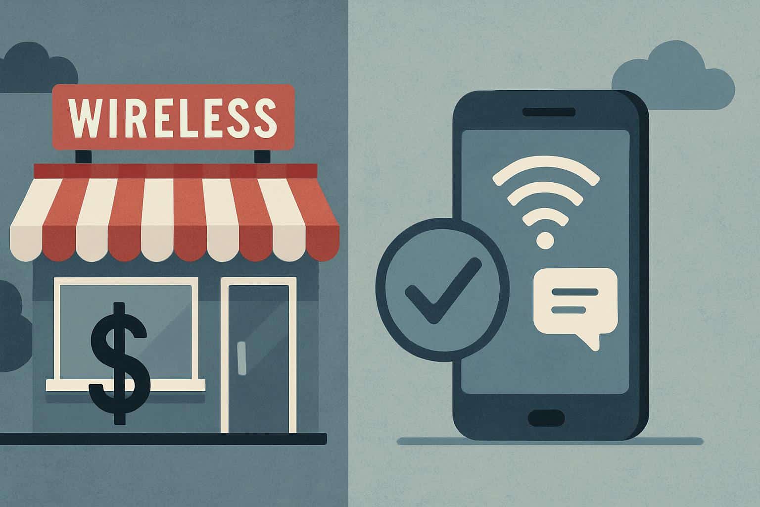 Wireless carrier storefront alongside app-based plan signup, highlighting shift to digital