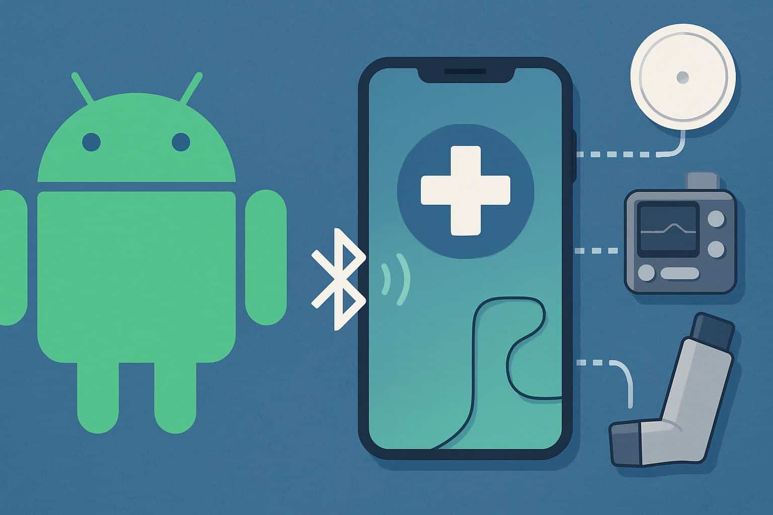 Android 17 medical device profile with Bluetooth health device icons: ECG, glucose meter, smartwatch