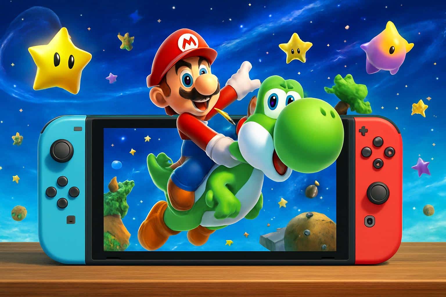 Super Mario Galaxy 2 remaster with Mario flying through space among stars and planets