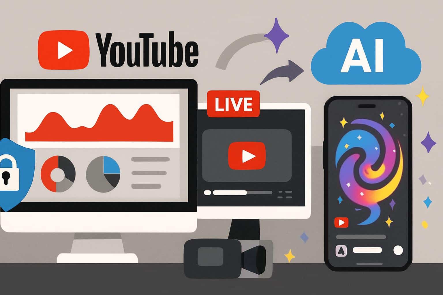 YouTube Studio dashboard highlighting new Live controls and generative AI features