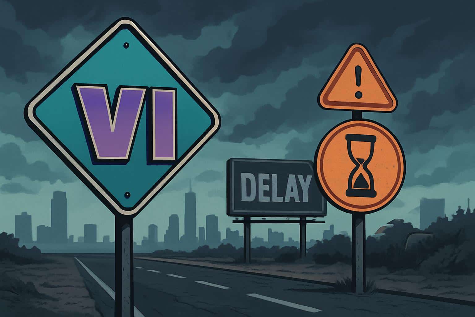 GTA 6 (Grand Theft Auto VI) logo with clock signaling release delay