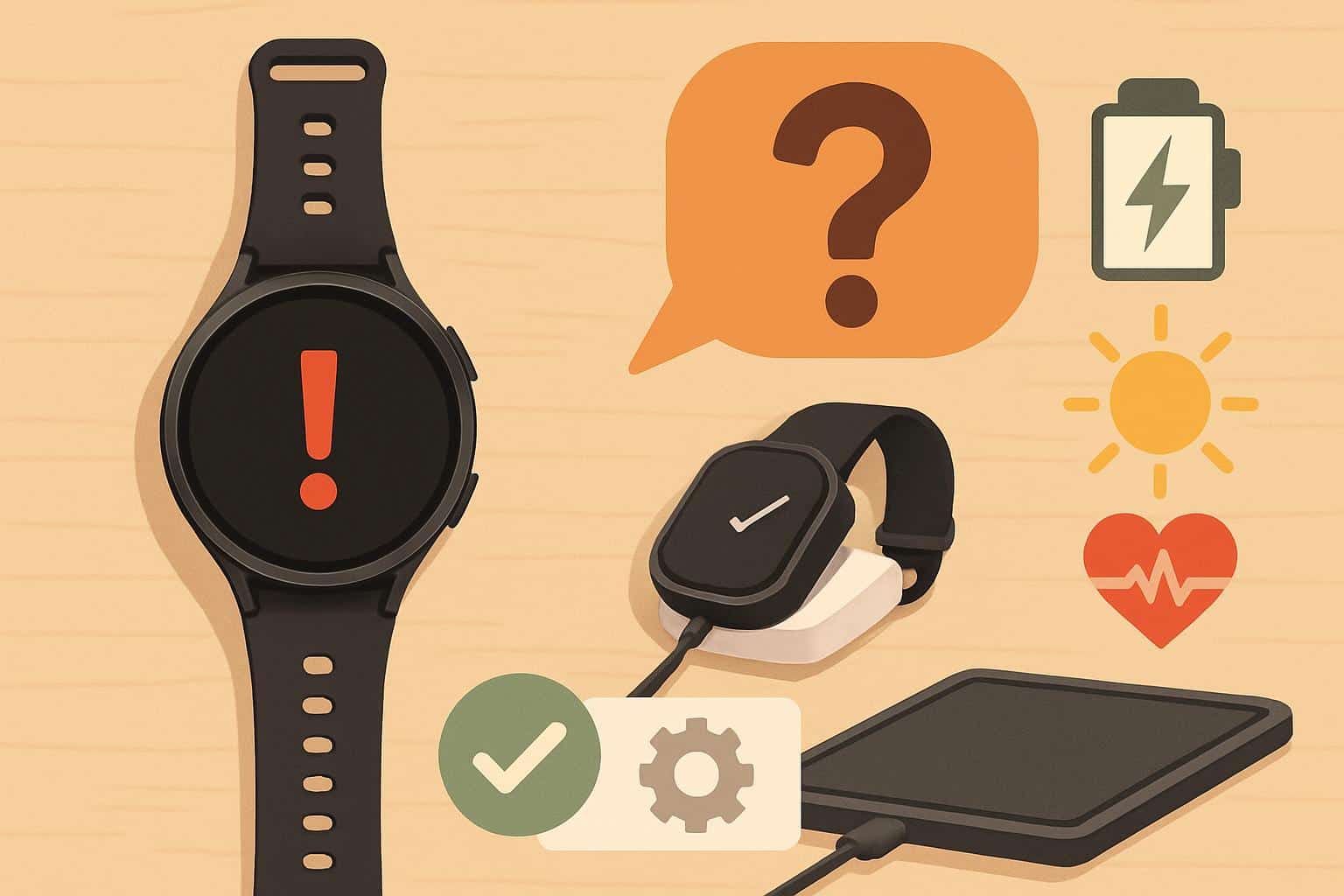 Samsung Galaxy Watch 8 with warning and settings icons, troubleshooting and solutions