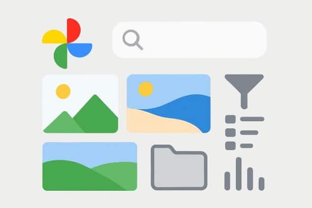 Google Photos app showing album search, sort, and filter options