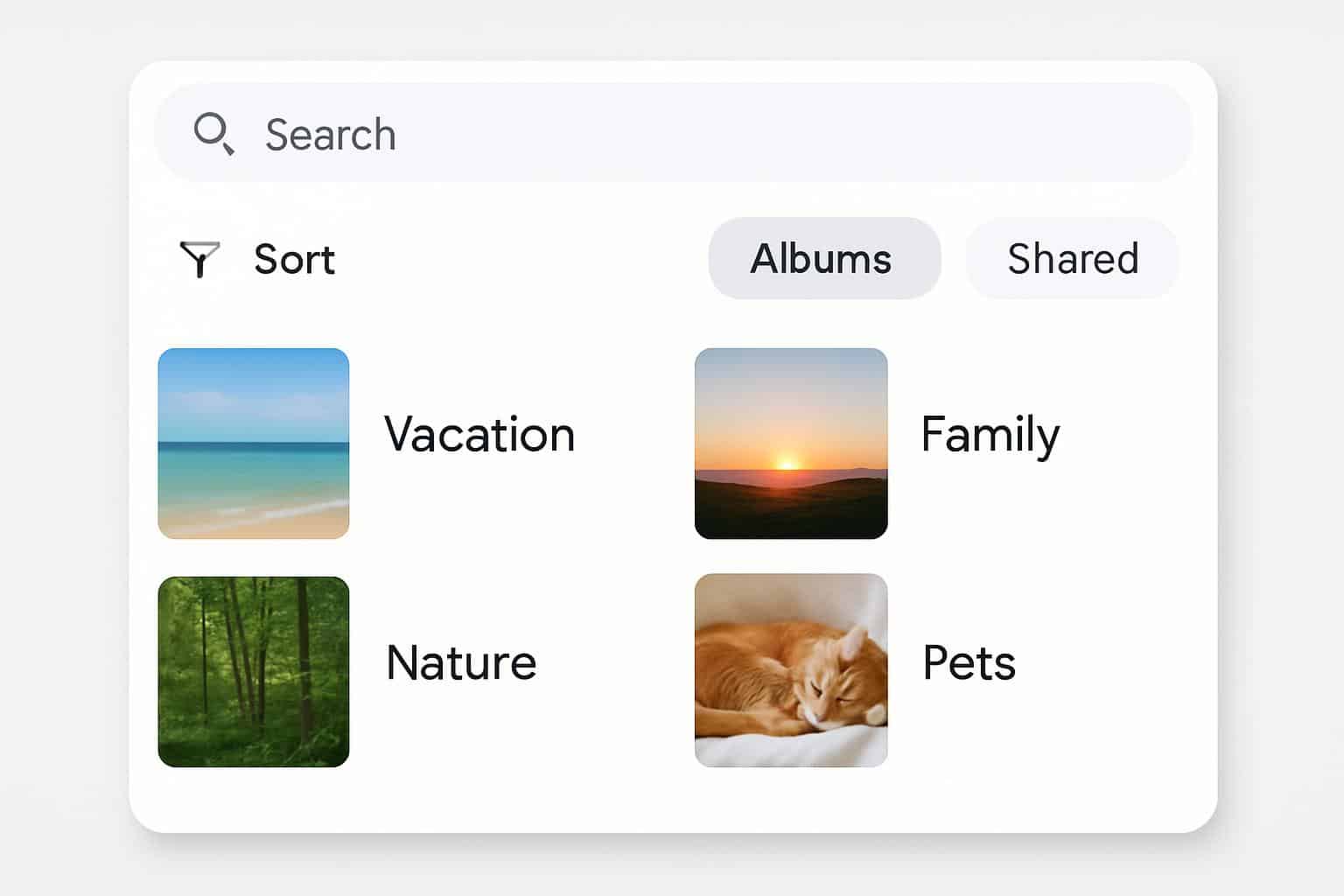 Google Photos update showing album search bar, sort options, and filter controls
