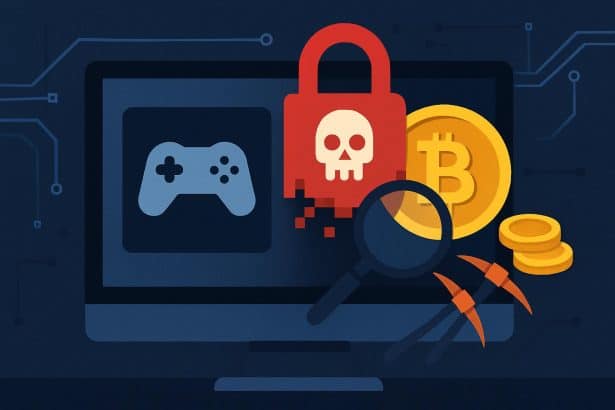 Steam logo with cryptomining malware warning and crypto coins, 0K theft
