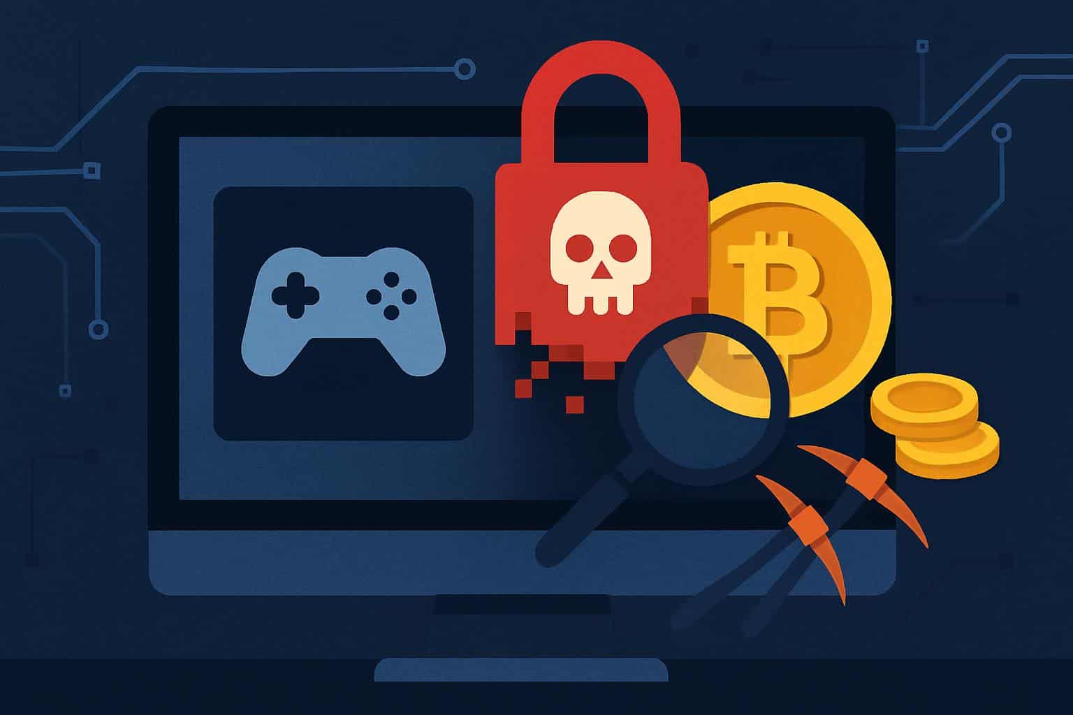 Steam logo with cryptomining malware warning and crypto coins, 0K theft