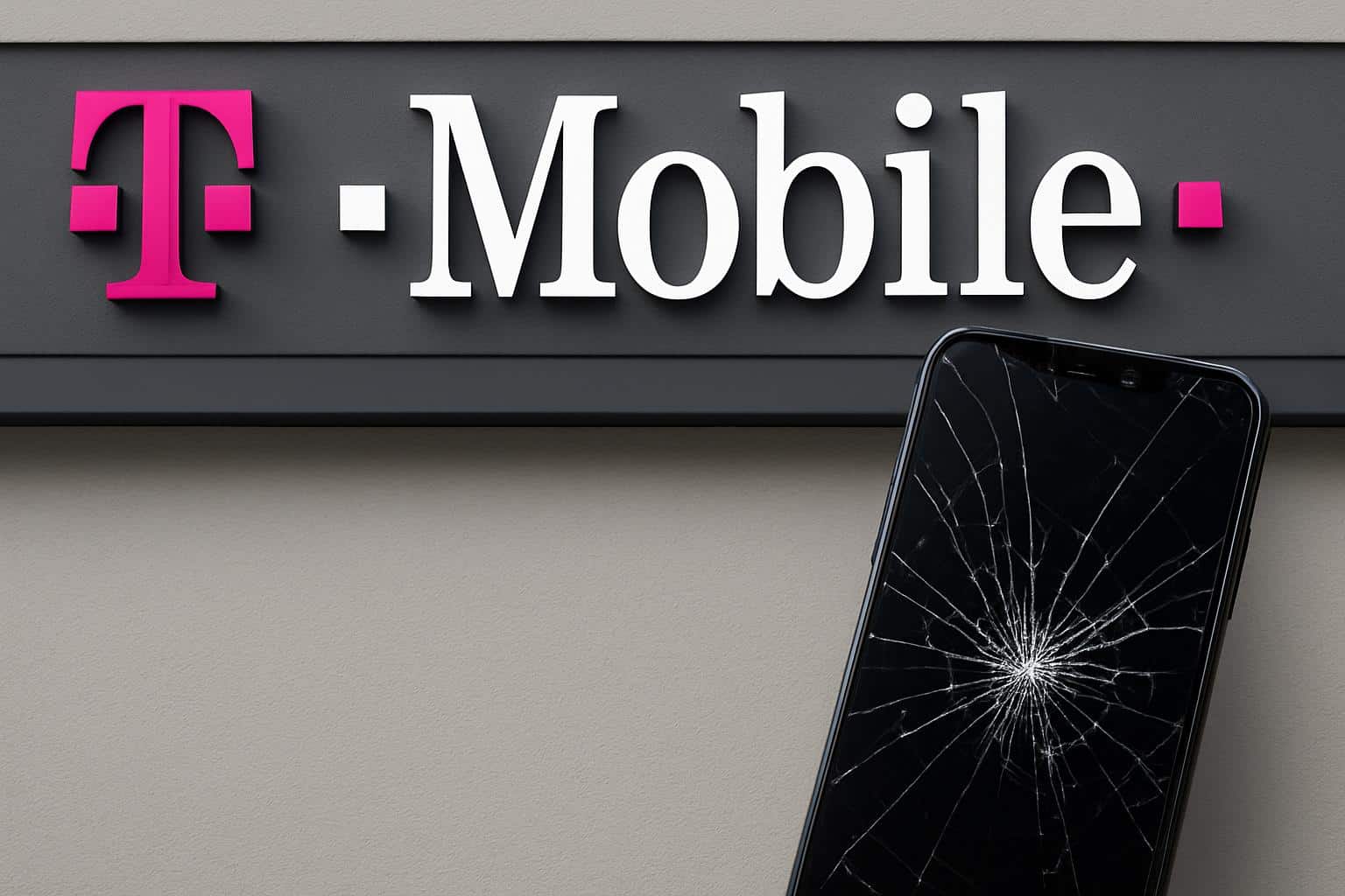 T-Mobile store sign beside cracked phone, signaling eased damaged trade-in policy