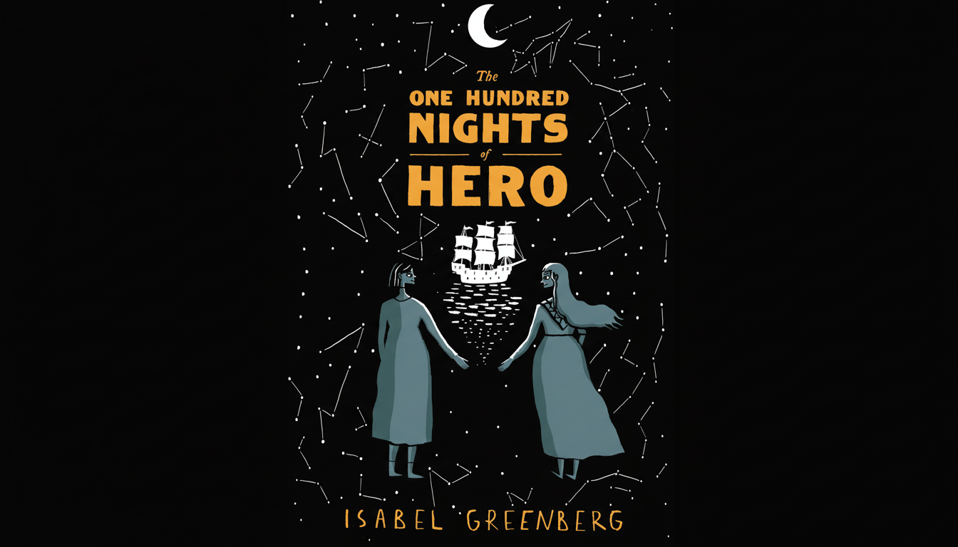 The book cover for The One Hundred Nights of Hero by Isabel Greenberg, featuring two women in long dresses facing each other, a ship on the water between them, all under a starry night sky with a crescent moon.