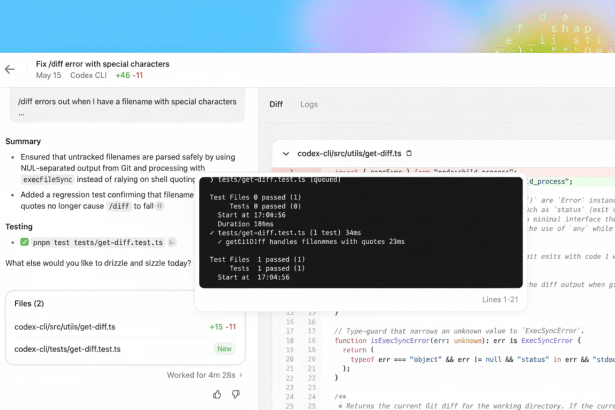 A screenshot of a code review interface showing a fix for a diff error with special characters, displaying code , test results, and file changes .
