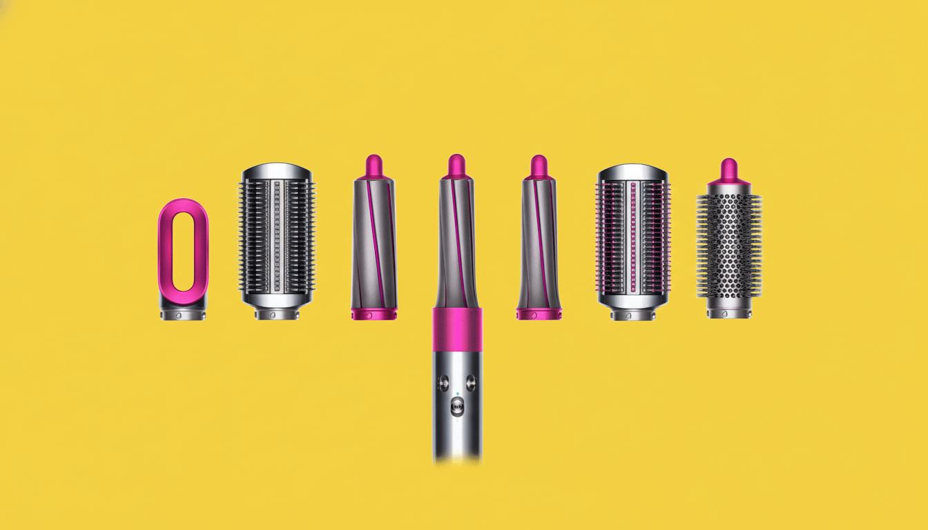 A set of Dyson Air wrap attachments and the main styling wand , all in silver and f uchsia, arranged horizontally against a vibrant yellow background.
