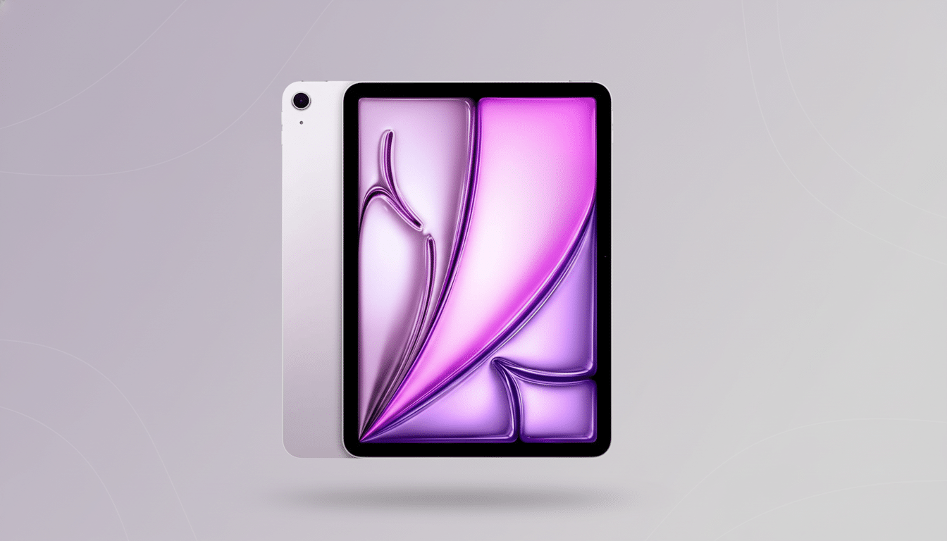 An Apple iPad Air ( 5 th Generation ) in St arlight color , displayed front and back, with a screen showcasing abstract purple and pink liquid shapes, set against a soft, professional light grey background with subtle circular patterns. Filename : ipadair 5th genstarlight professional 1 6x9. png