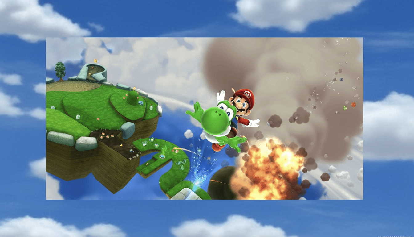 Mario flies past stars above the Hollywood sign, heralding Mario Galaxy's return