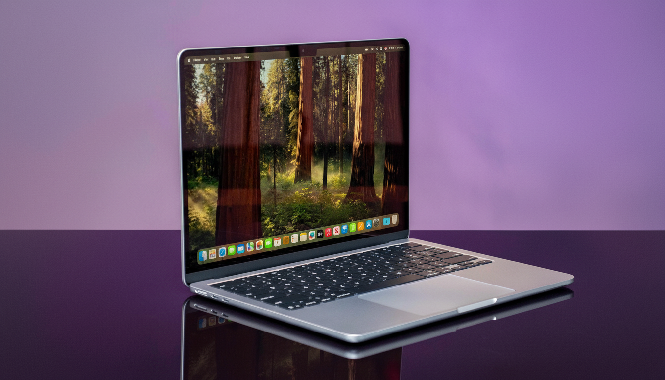 A silver MacBook laptop with a forest scene on its screen, set against a purple background, resized to a 16:9 aspect ratio.