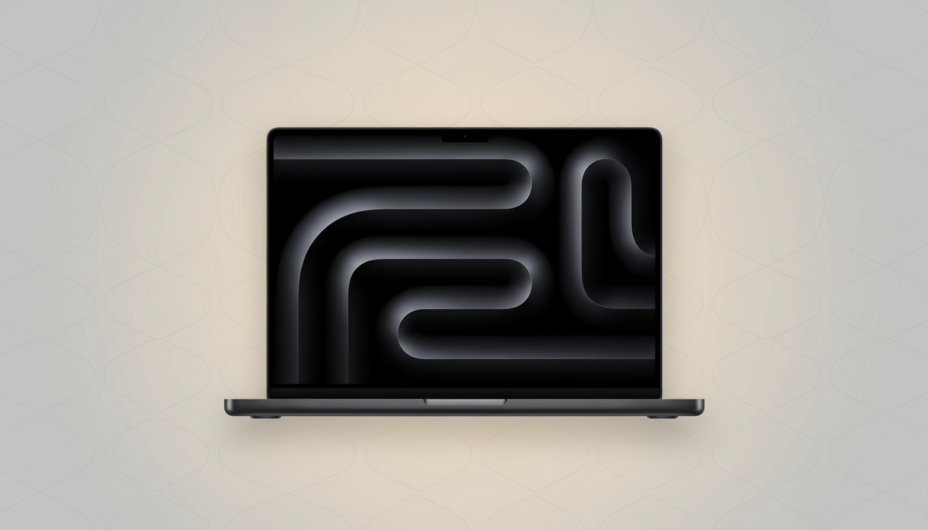 A dark gray laptop with a black screen displaying a dark, abstract pattern of curved lines, set against a light, subtly patterned background.