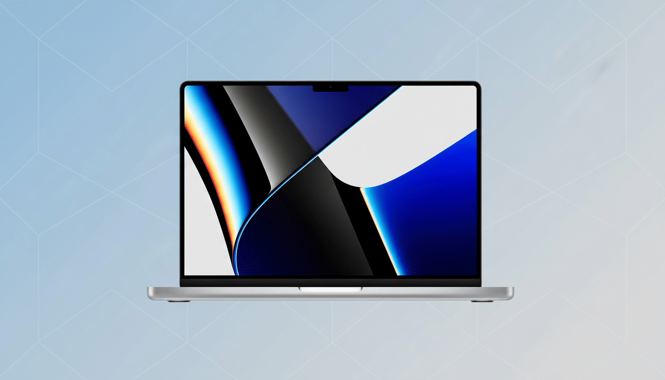 A silver laptop with a vibrant blue and black abstract wallpaper on the screen, set against a light blue background with a subtle geometric pattern.